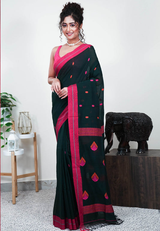 Dark Bottle Green Handloom Saree With Blouse Piece - Adi Akshoy & Co.