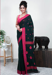 Dark Bottle Green Handloom Saree With Blouse Piece - Adi Akshoy & Co.