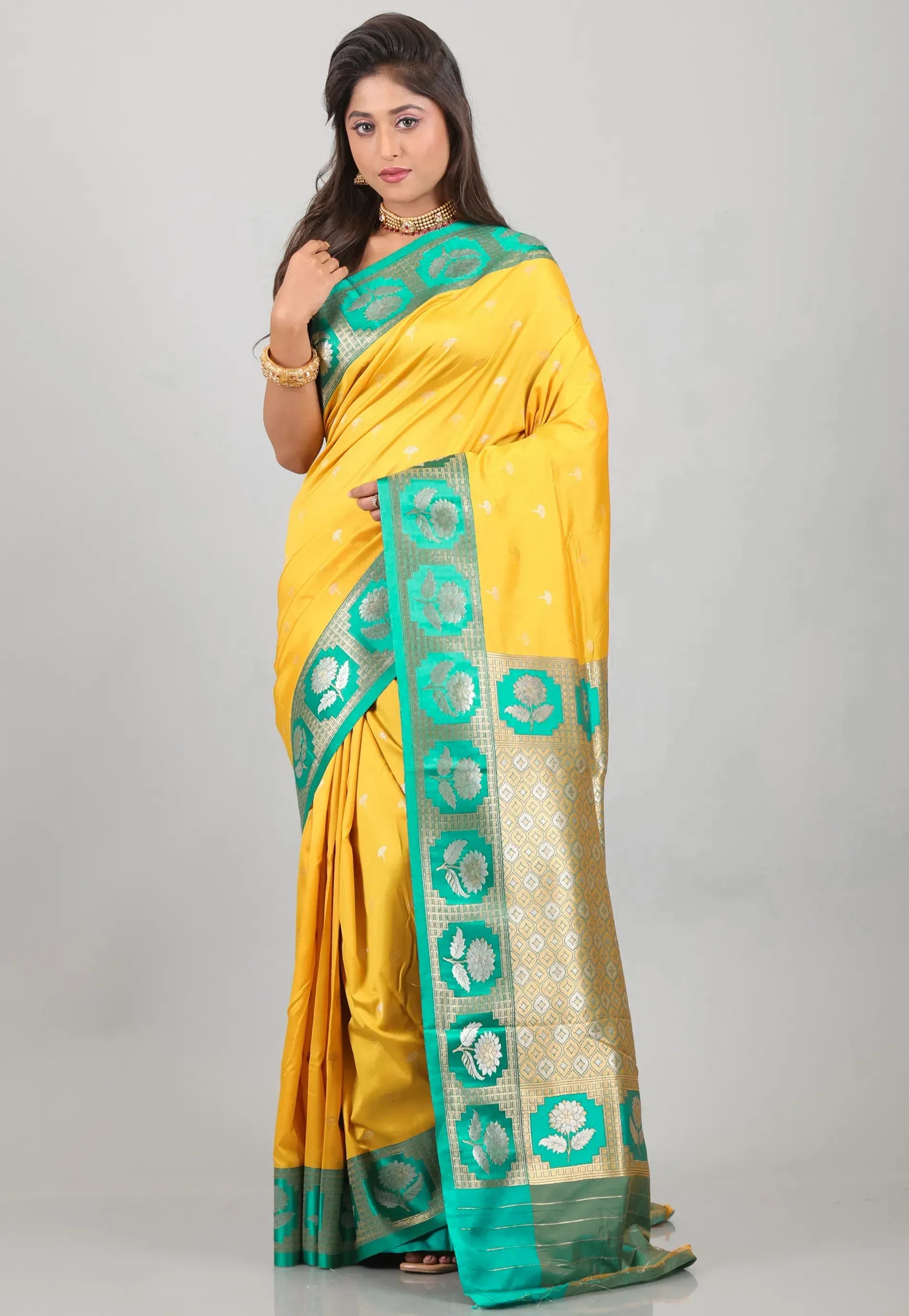 Yellow Mashru Silk Saree with Blouse Piece - Adi Akshoy & Co.