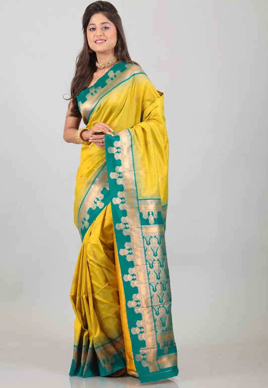 Yellow with Ramma Green Border Kanjivaram Silk Saree With Blouse Piece - Adi Akshoy & Co.
