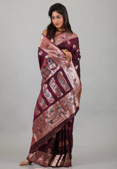 Maroon Baluchari Silk Saree with Blouse Piece - Adi Akshoy & Co.