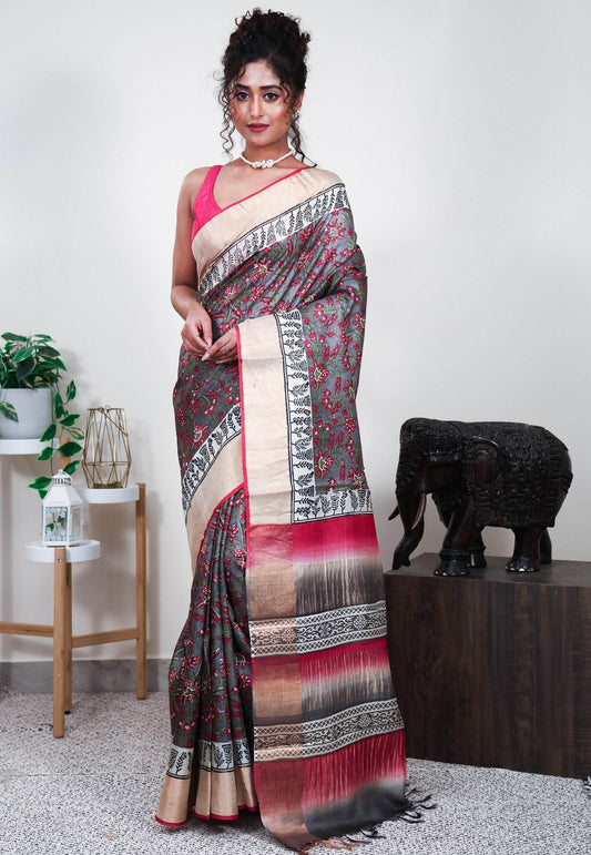 Grey Tussar Silk Saree with Blouse Piece - Adi Akshoy & Co.