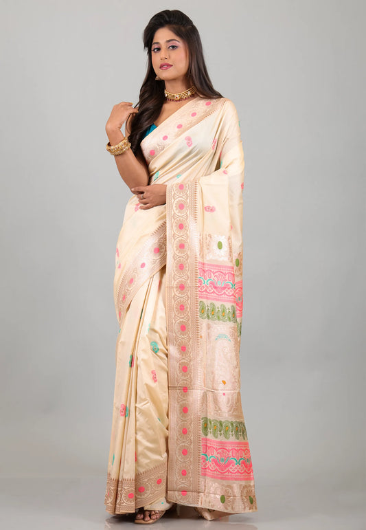 Beige Baluchari Silk Saree with Blouse Piece - Adi Akshoy & Co.
