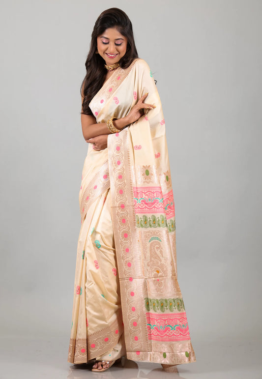 Beige Baluchari Silk Saree with Blouse Piece - Adi Akshoy & Co.