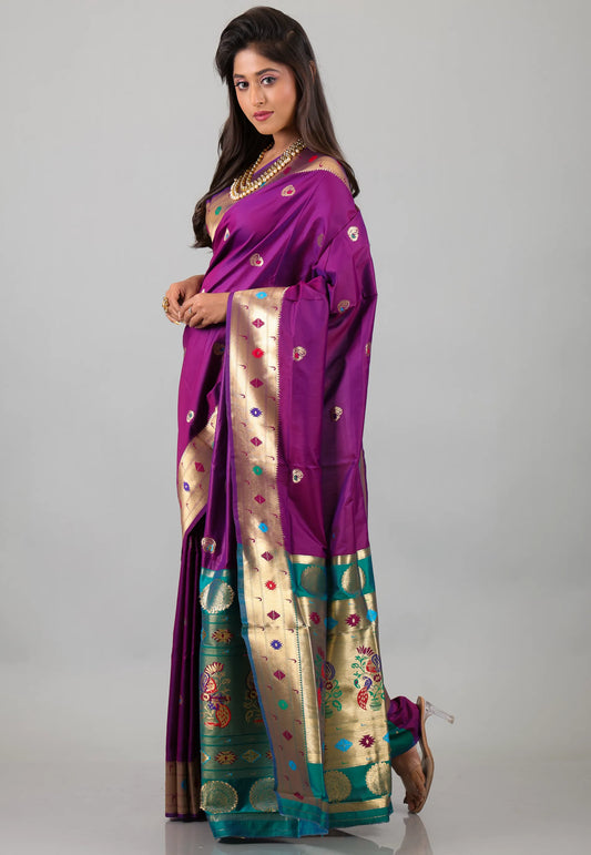 Magenta with Zari work Katan Silk Saree With Blouse Piece - Adi Akshoy & Co.