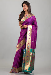 Magenta with Zari work Katan Silk Saree With Blouse Piece - Adi Akshoy & Co.