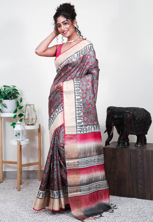 Grey Tussar Silk Saree with Blouse Piece - Adi Akshoy & Co.