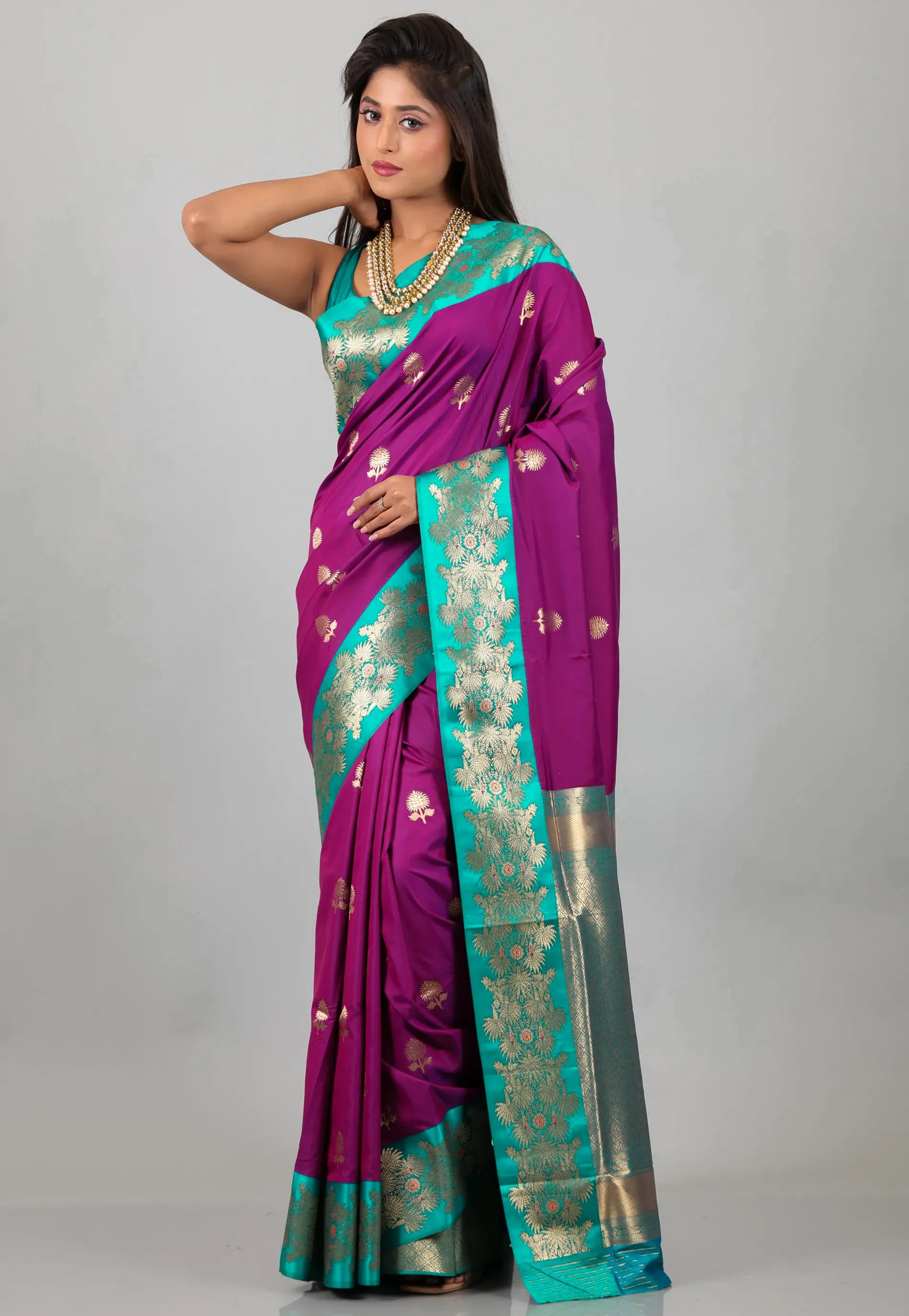 Purple with Ramma Green Border with Zari work Katan Silk Saree With Blouse Piece - Adi Akshoy & Co.