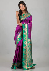 Purple with Ramma Green Border Kanjivaram Silk Saree With Blouse Piece - Adi Akshoy & Co.