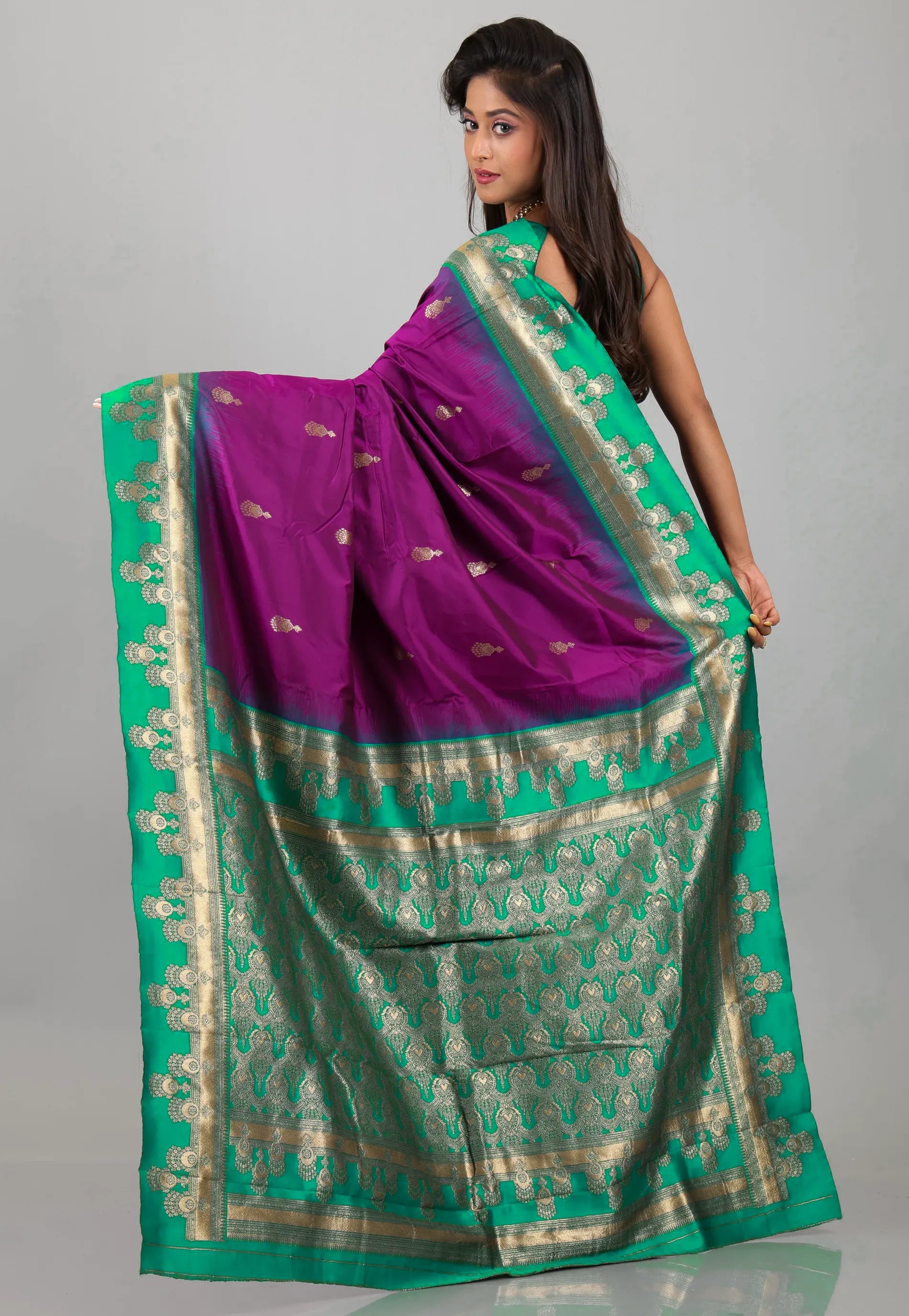 Purple with Ramma Green Border Kanjivaram Silk Saree With Blouse Piece - Adi Akshoy & Co.