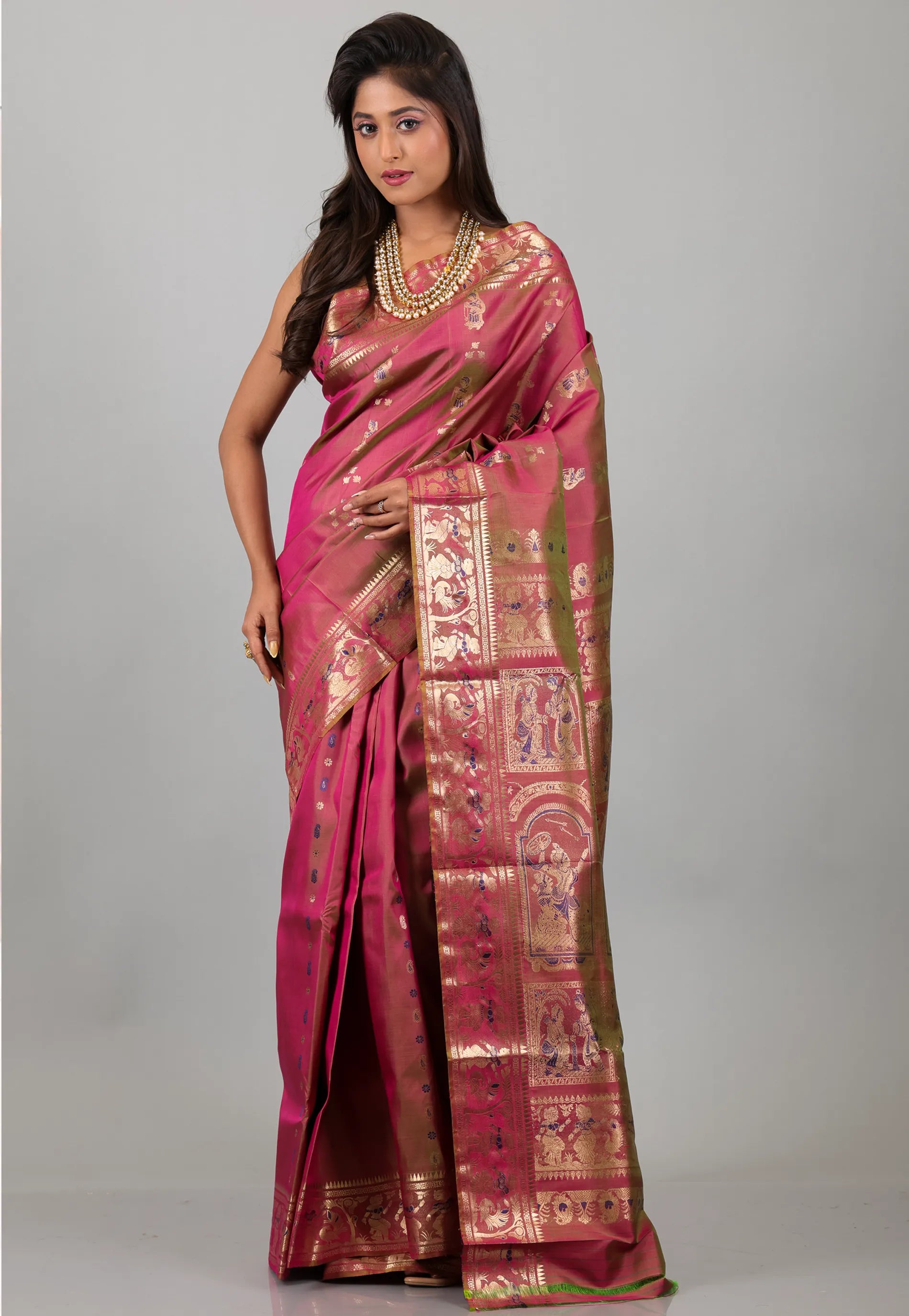 Cross Rani Pink with Zari work Pure Baluchari Silk Saree with Blouse Piece - Adi Akshoy & Co.