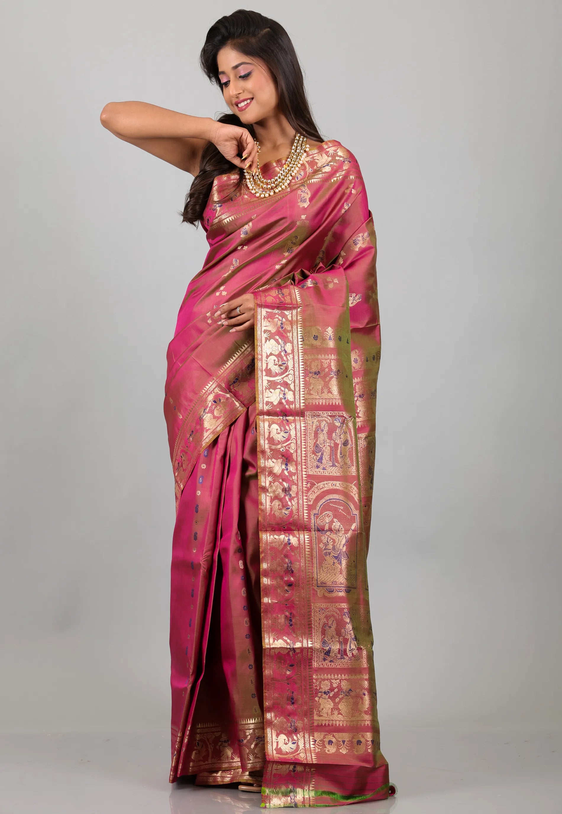 Cross Rani Pink with Zari work Pure Baluchari Silk Saree with Blouse Piece - Adi Akshoy & Co.
