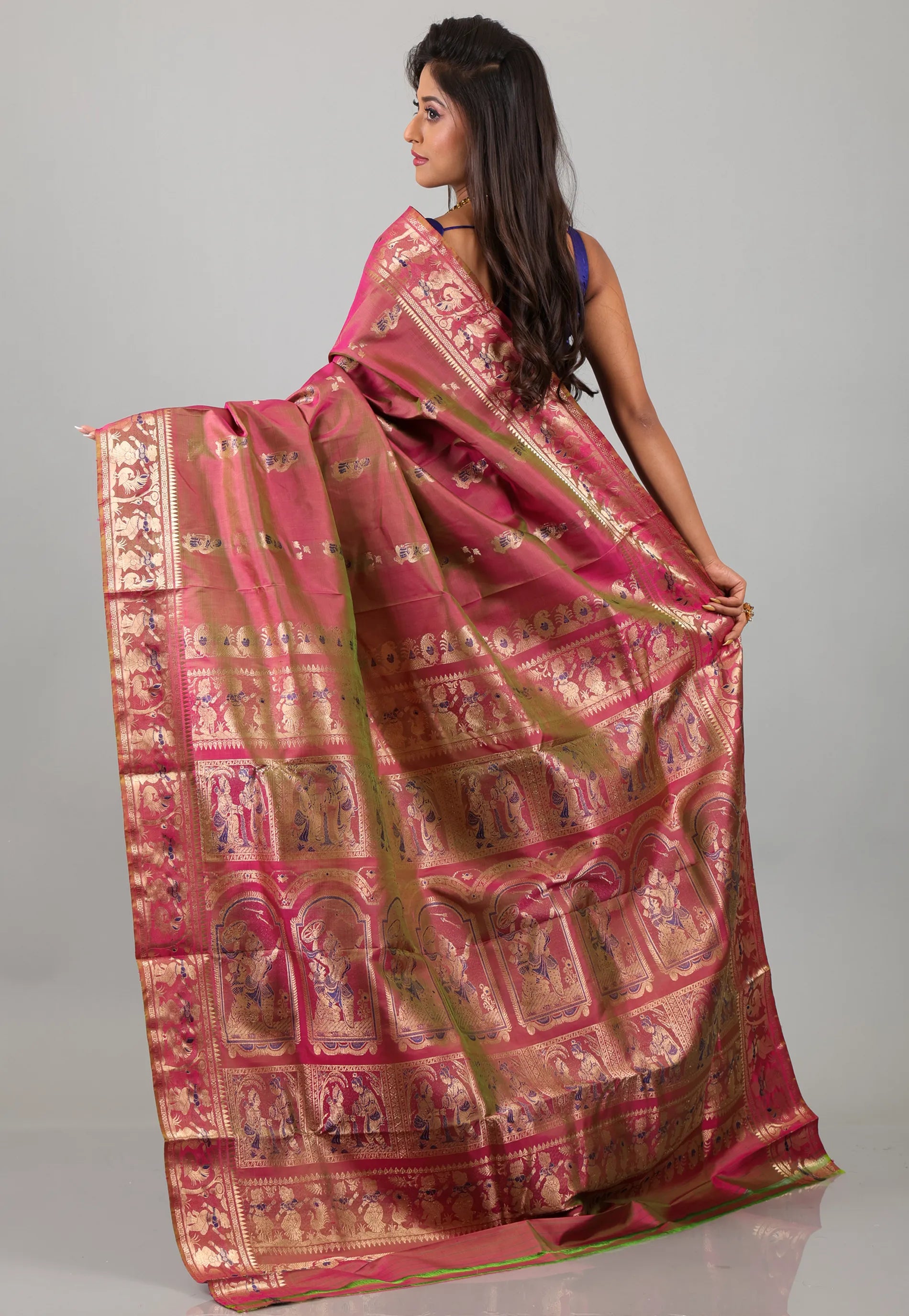 Cross Rani Pink with Zari work Pure Baluchari Silk Saree with Blouse Piece - Adi Akshoy & Co.