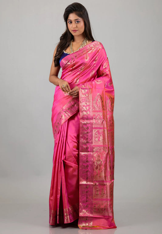 Rani Pink with Zari work Pure Baluchari Silk Saree with Blouse Piece - Adi Akshoy & Co.
