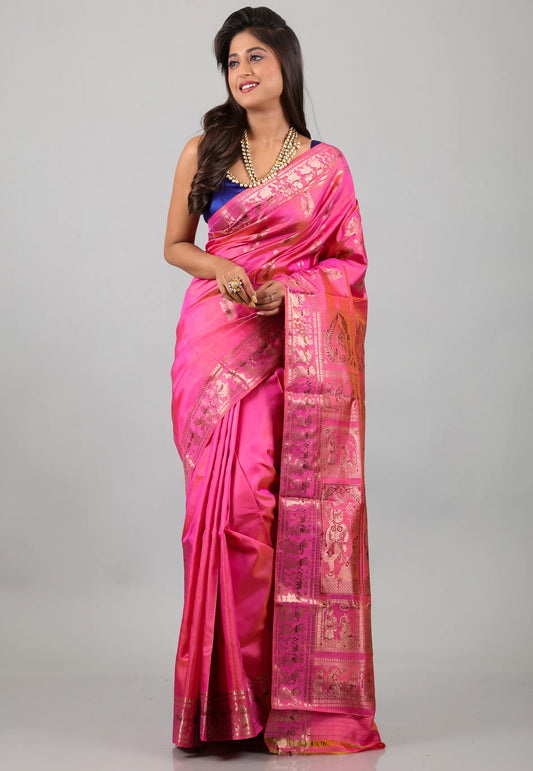 Rani Pink with Zari work Pure Baluchari Silk Saree with Blouse Piece - Adi Akshoy & Co.
