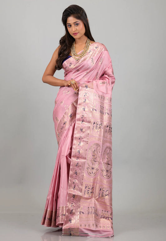 Peach Pink with Zari work Pure Baluchari Silk Saree with Blouse Piece - Adi Akshoy & Co.