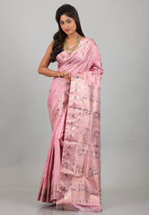 Peach Pink with Zari work Pure Baluchari Silk Saree with Blouse Piece - Adi Akshoy & Co.