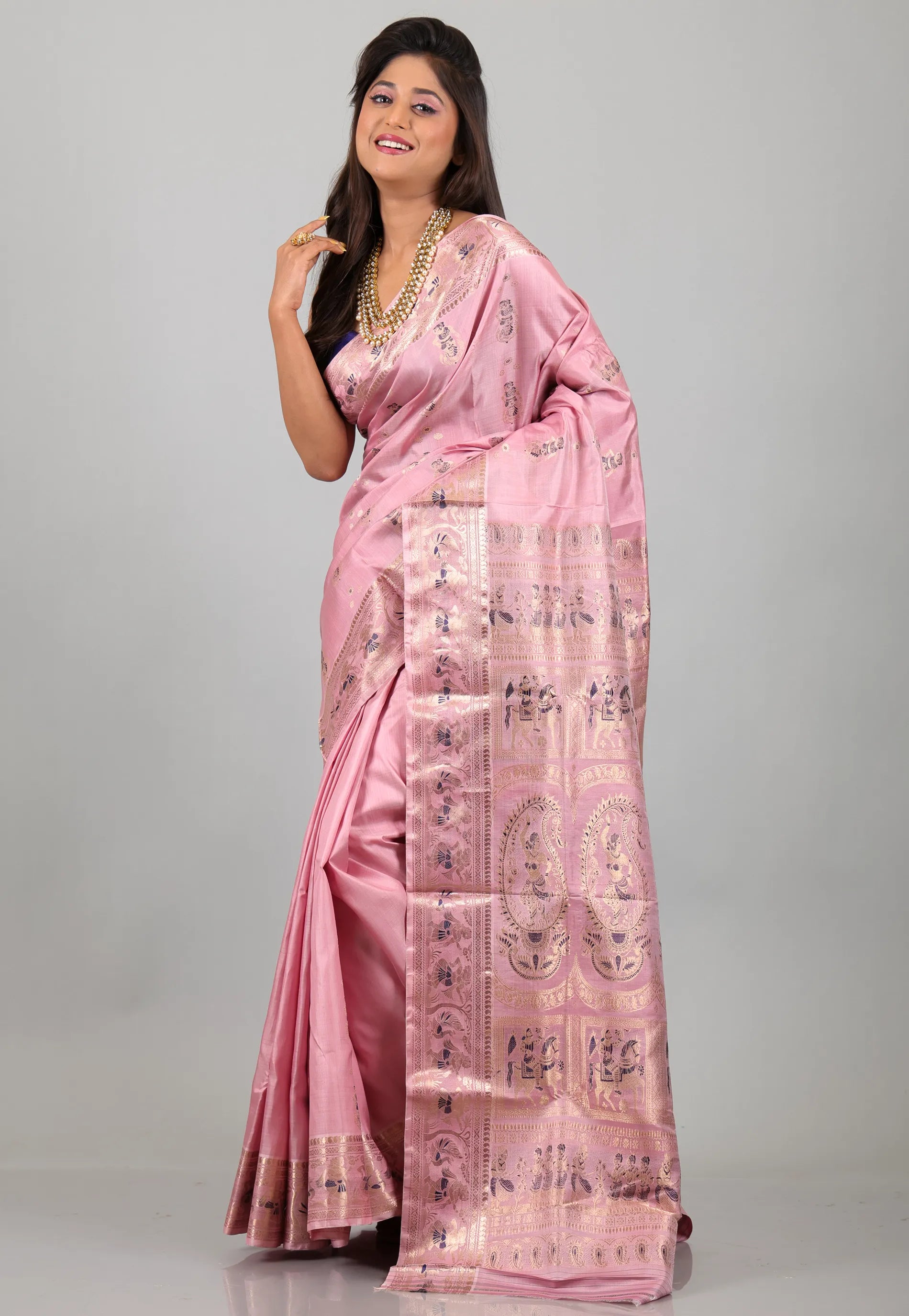 Peach Pink with Zari work Pure Baluchari Silk Saree with Blouse Piece - Adi Akshoy & Co.