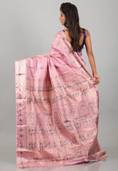 Peach Pink with Zari work Pure Baluchari Silk Saree with Blouse Piece - Adi Akshoy & Co.