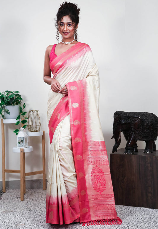 Off White with Pink Border Mashru Silk Saree with Blouse Piece - Adi Akshoy & Co.