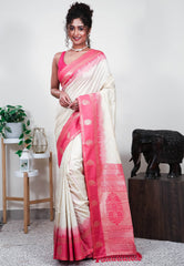 Off White with Pink Border Mashru Silk Saree with Blouse Piece - Adi Akshoy & Co.