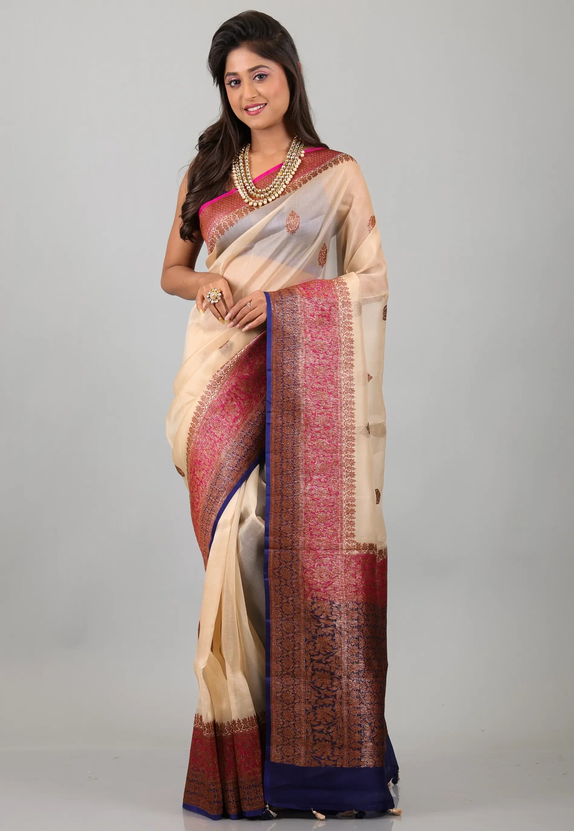Beige with Rani Border Pure Kora Silk Saree With Blouse Piece - Adi Akshoy & Co.