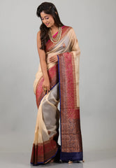 Beige with Rani Border Pure Kora Silk Saree With Blouse Piece - Adi Akshoy & Co.