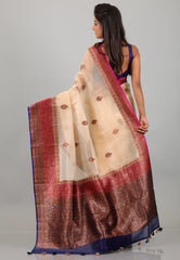 Beige with Rani Border Pure Kora Silk Saree With Blouse Piece - Adi Akshoy & Co.