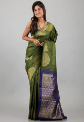 Bottle Green Pure Kanjivaram Silk Saree With Blouse Piece - Adi Akshoy & Co.