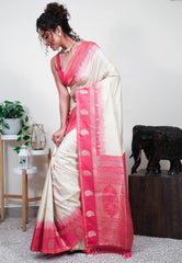 Off White with Pink Border Mashru Silk Saree with Blouse Piece - Adi Akshoy & Co.