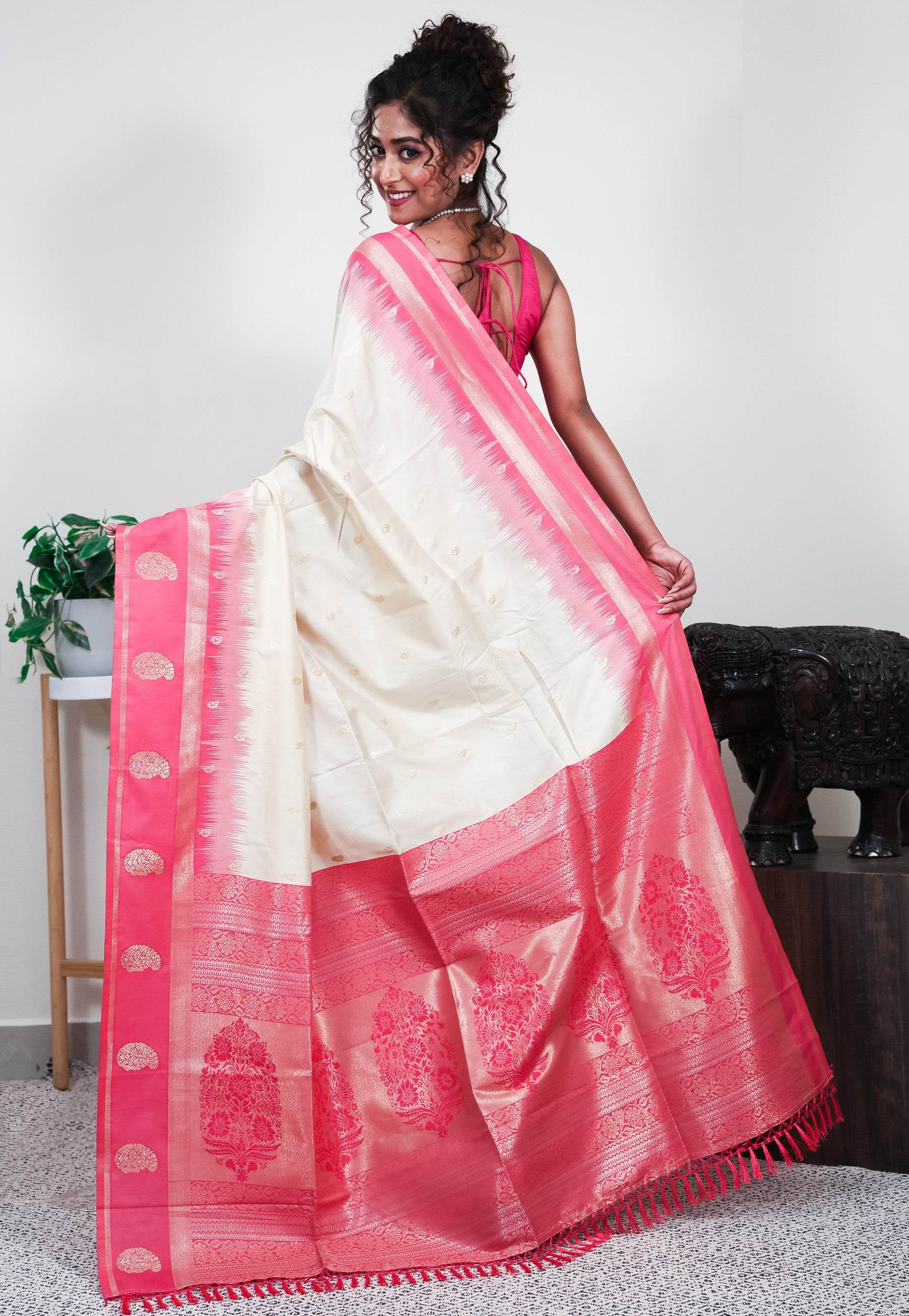 Off White with Pink Border Mashru Silk Saree with Blouse Piece - Adi Akshoy & Co.