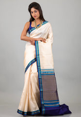 Off White with Blue Pure Kanjivaram Silk Saree With Blouse Piece - Adi Akshoy & Co.