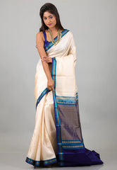 Off White with Blue Pure Kanjivaram Silk Saree With Blouse Piece - Adi Akshoy & Co.