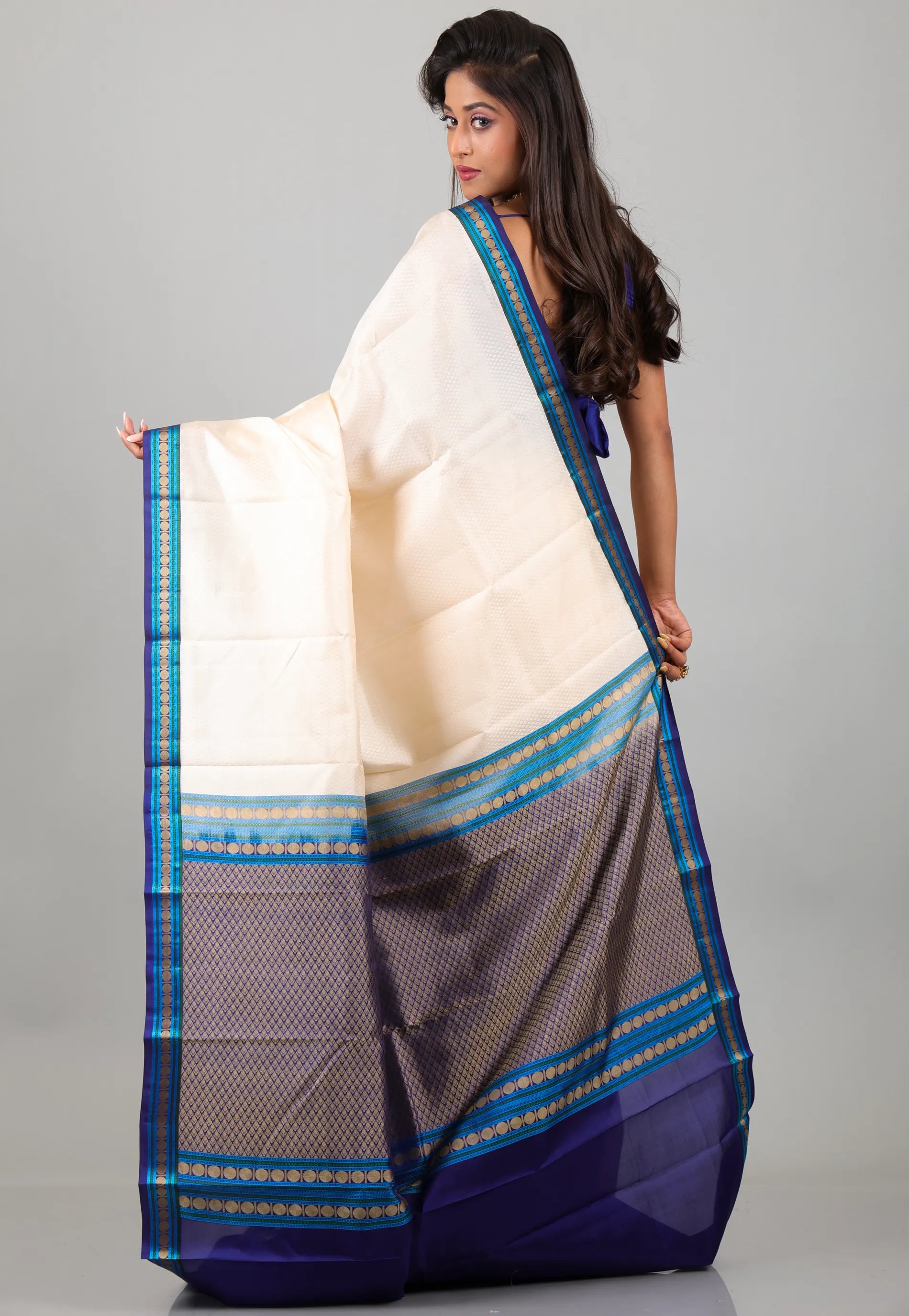 Off White with Blue Pure Kanjivaram Silk Saree With Blouse Piece - Adi Akshoy & Co.