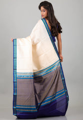 Off White with Blue Pure Kanjivaram Silk Saree With Blouse Piece - Adi Akshoy & Co.
