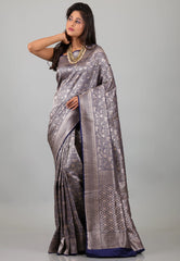 Navy Blue Shikargah Katan Silk Saree With Blouse Piece - Adi Akshoy & Co.