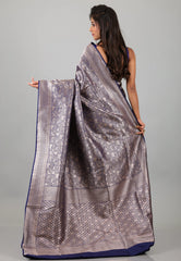 Navy Blue Shikargah Katan Silk Saree With Blouse Piece - Adi Akshoy & Co.