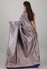 Navy Blue Shikargah Katan Silk Saree With Blouse Piece - Adi Akshoy & Co.