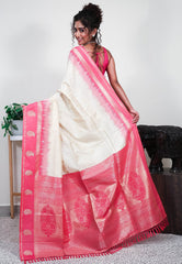 Off White with Pink Border Mashru Silk Saree with Blouse Piece - Adi Akshoy & Co.