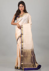 Beige Pure Kanjivaram Silk Saree With Blouse Piece - Adi Akshoy & Co.