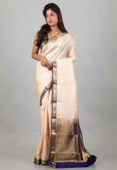Beige Pure Kanjivaram Silk Saree With Blouse Piece - Adi Akshoy & Co.