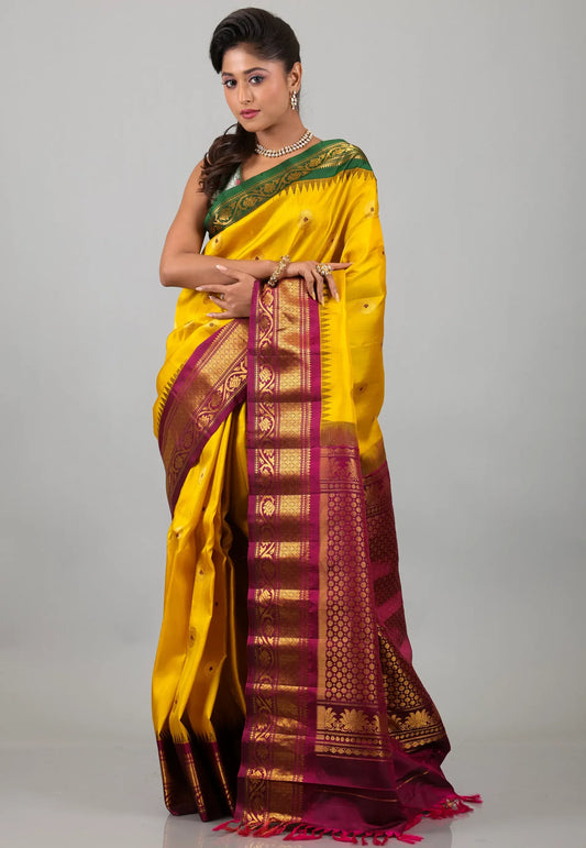 Yellow with Magenta & Green Border Pure Gadwal Silk Saree With Blouse Piece - Adi Akshoy & Co.