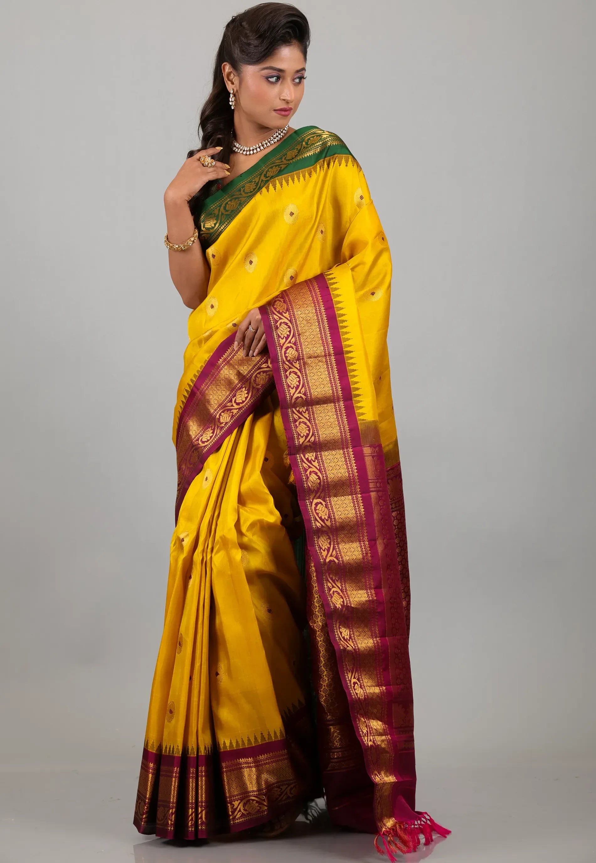 Yellow with Magenta & Green Border Pure Gadwal Silk Saree With Blouse Piece - Adi Akshoy & Co.