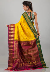 Yellow with Magenta & Green Border Pure Gadwal Silk Saree With Blouse Piece - Adi Akshoy & Co.