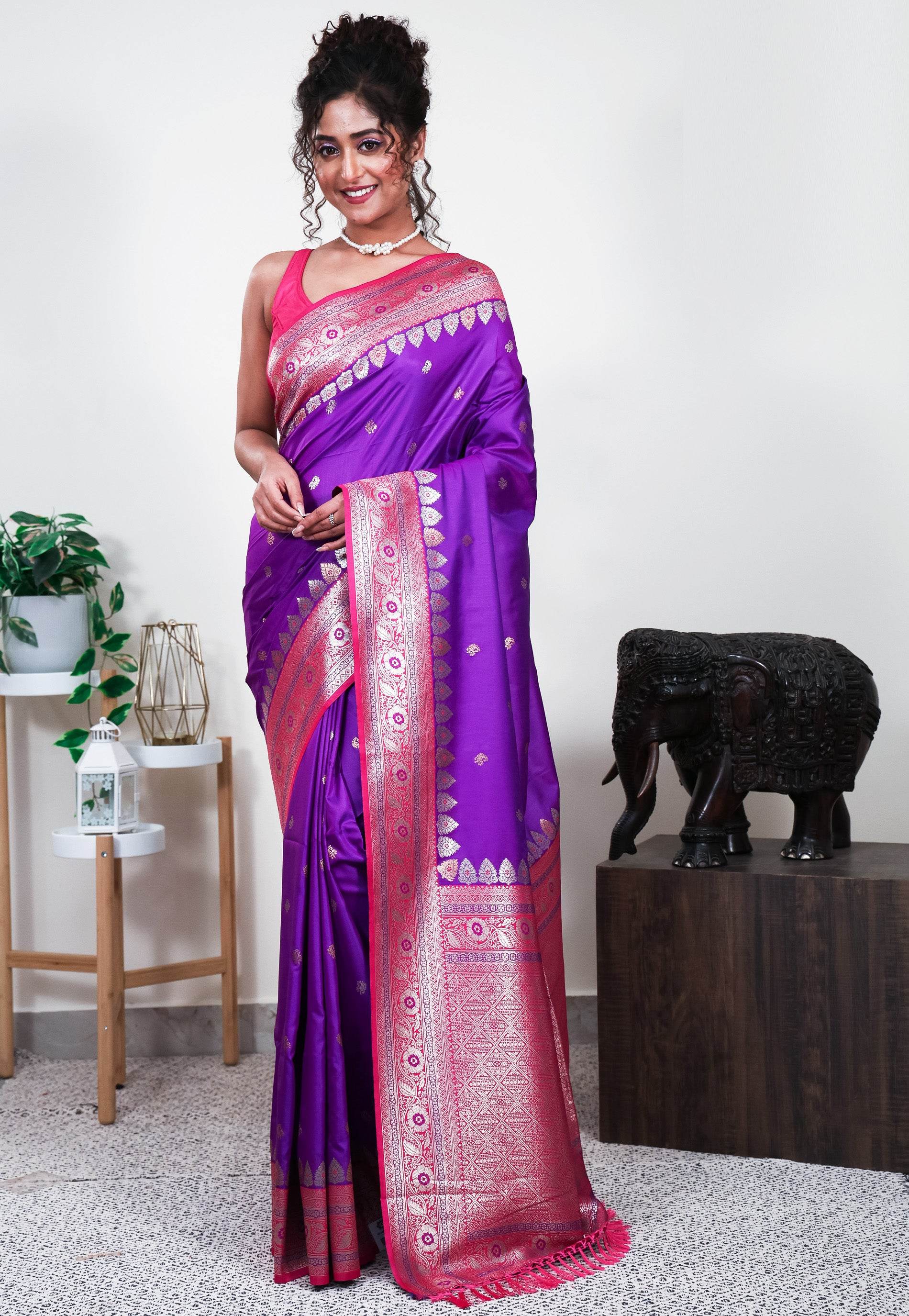 Purple with Rani Pink Border Mashru Silk Saree with Blouse Piece - Adi Akshoy & Co.