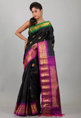 Black with Magenta & Green Border Pure Gadwal Silk Saree With Blouse Piece - Adi Akshoy & Co.