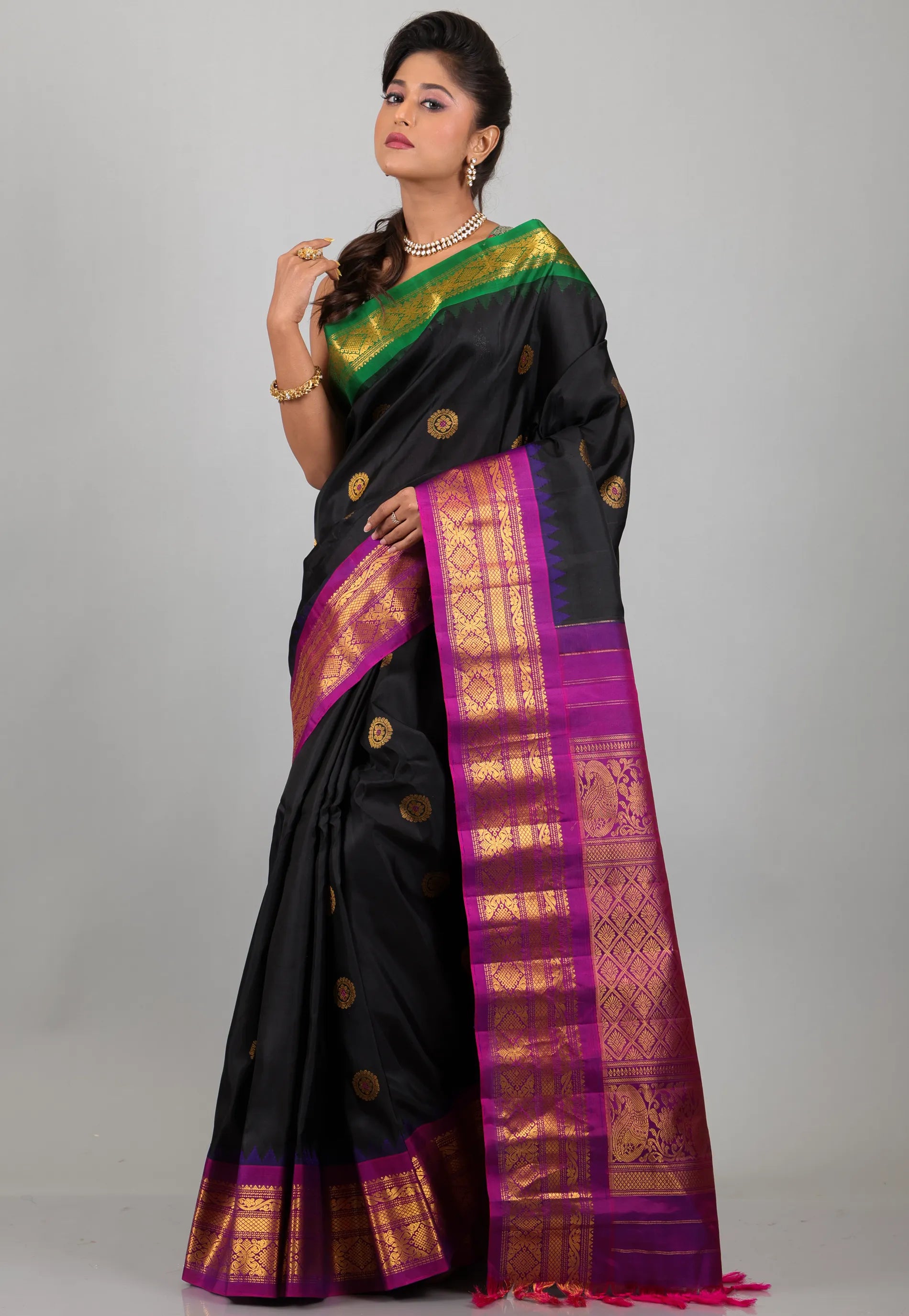 Black with Magenta & Green Border Pure Gadwal Silk Saree With Blouse Piece - Adi Akshoy & Co.