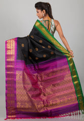 Black with Magenta & Green Border Pure Gadwal Silk Saree With Blouse Piece - Adi Akshoy & Co.