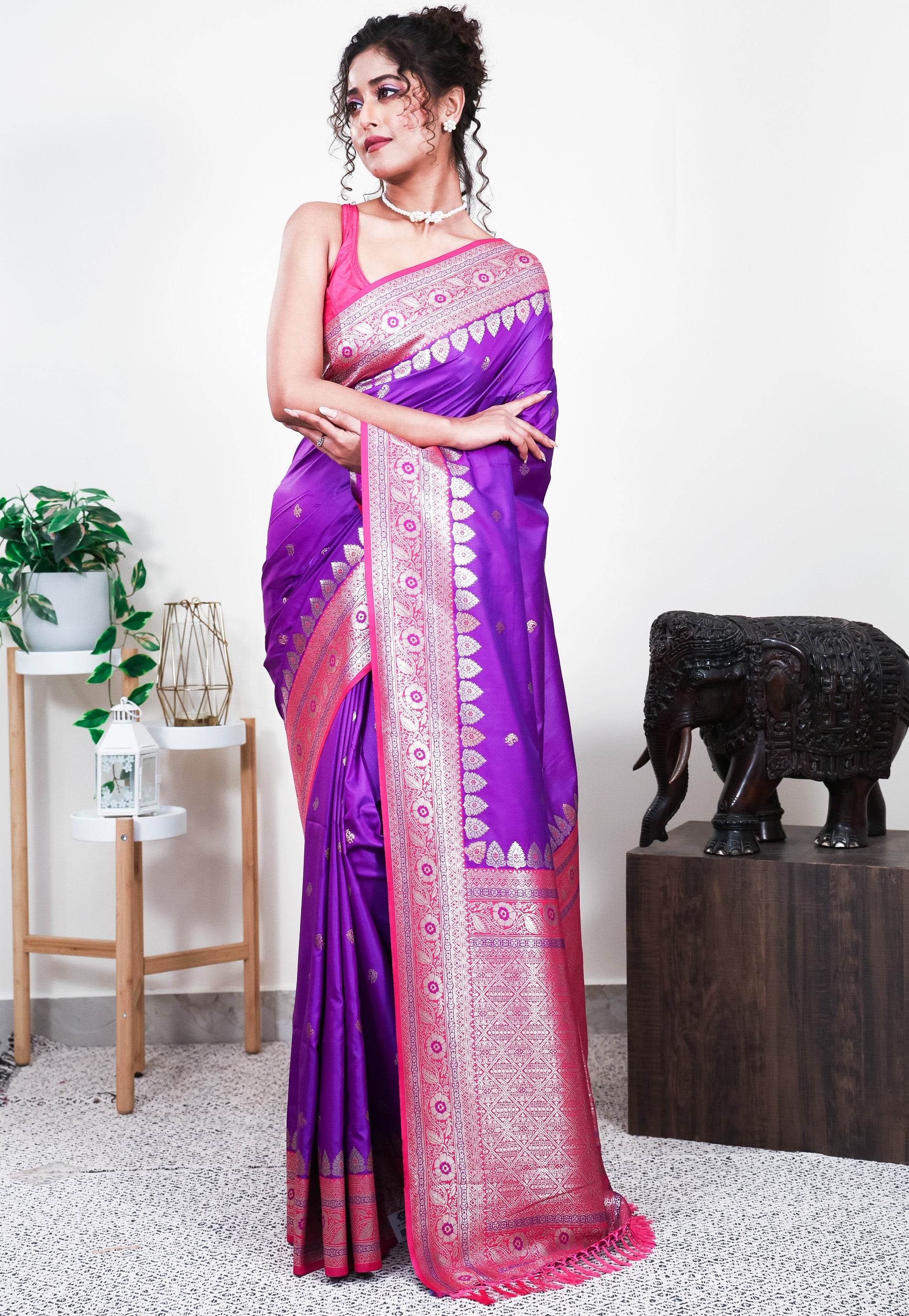 Purple with Rani Pink Border Mashru Silk Saree with Blouse Piece - Adi Akshoy & Co.
