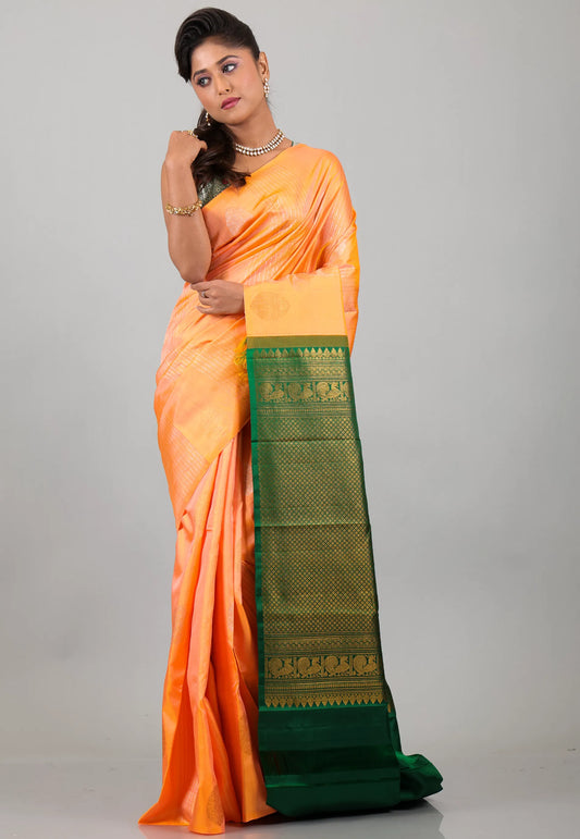 Peach Pure Kanjivaram Silk Saree With Blouse Piece - Adi Akshoy & Co.